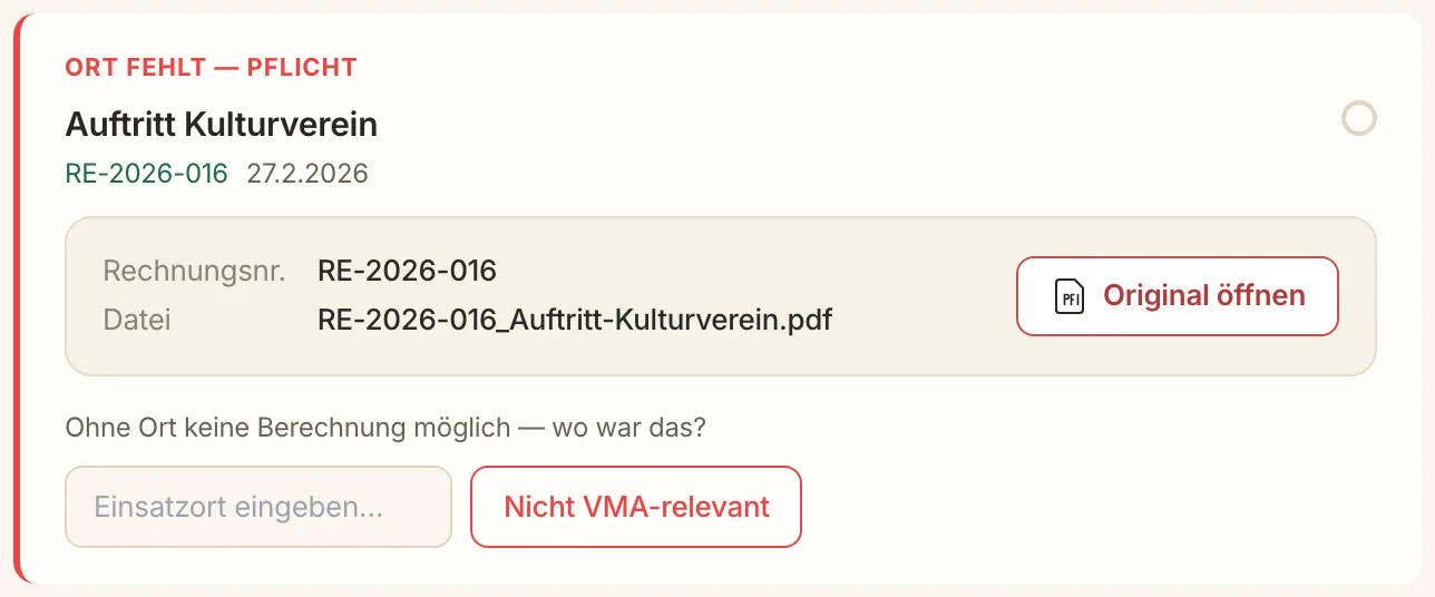 Rückfrage von GigTax, weil auf einer Rechnung kein eindeutiger Einsatzort steht