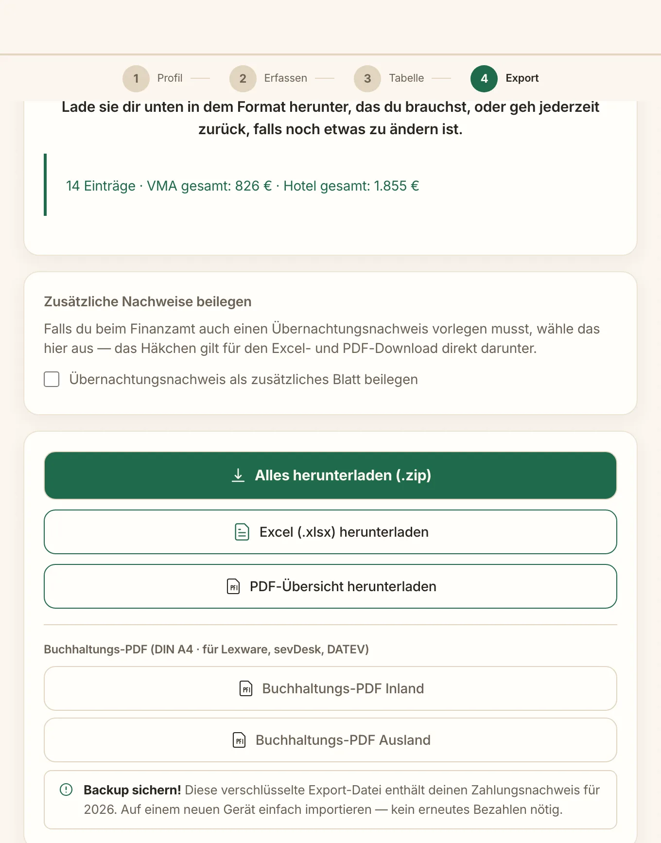 Reisekosten App: Export Reisekosten App GigTax: Export mit Excel, PDF-Übersicht und Buchhaltungs-PDF